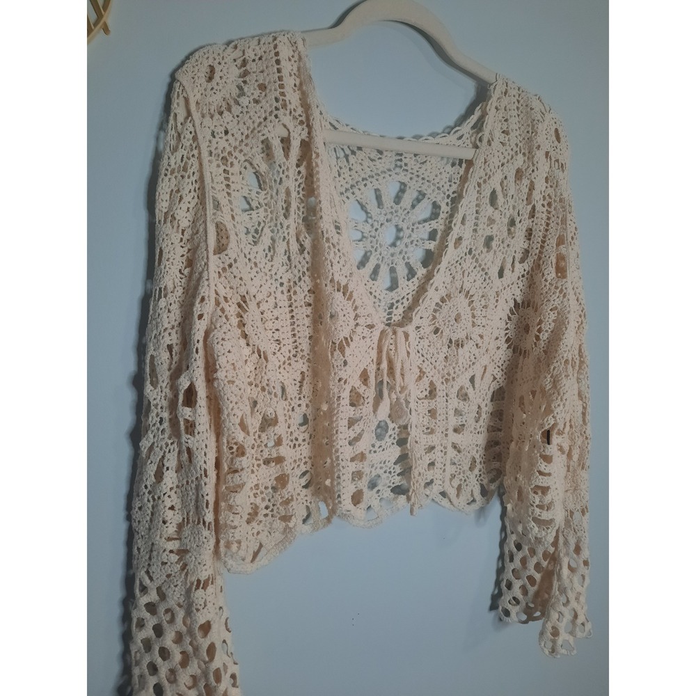 Boho Cream Crochet Shrug Cardigan Floral Open Knit Cropped Tie Front Top Womens - Picture 3 of 5